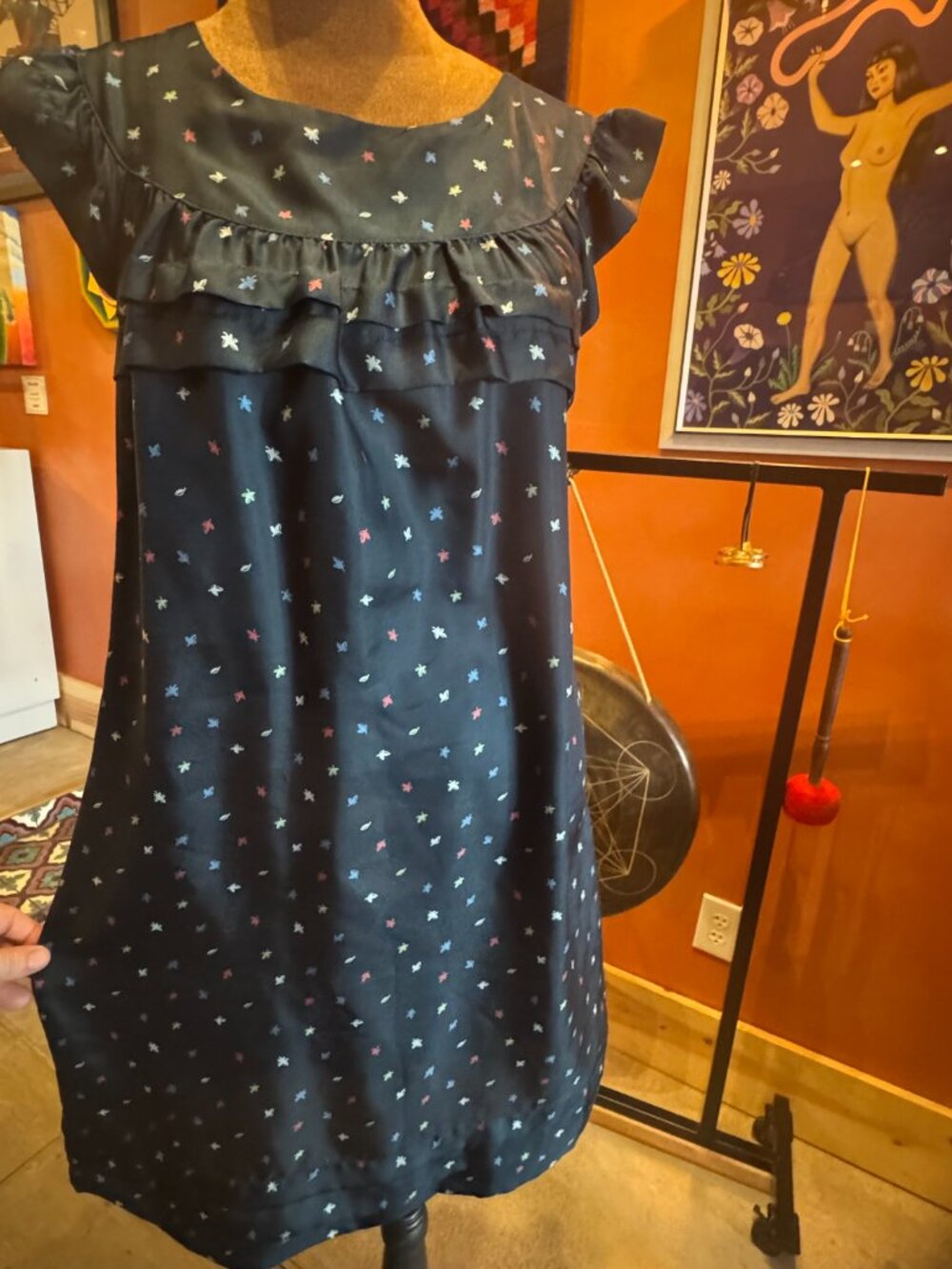 Vintage 100% Silk Medium Mini Dress Navy Blue Flare Sleeve